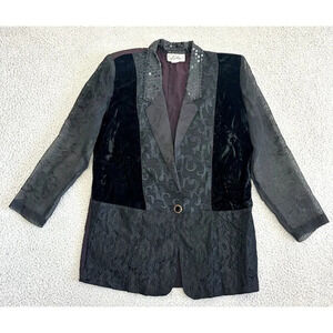 Vintage 90s Black Sequin Tuxedo Blazer Jacquard Lace Velvet Sheer Multi media‎